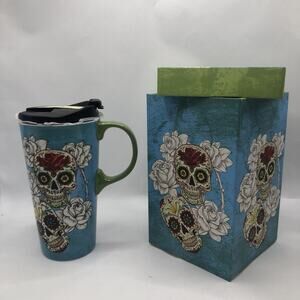 Cypress Home Day of the Dead Sugar Skull Travel Mug and Lid W Gift Box